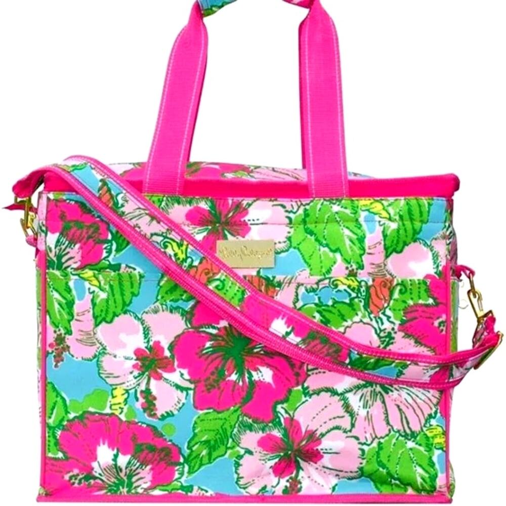LILLY PULITZER Big Flirt Pink Tropical Hibiscus Insulated Cooler Tote Bag NEW